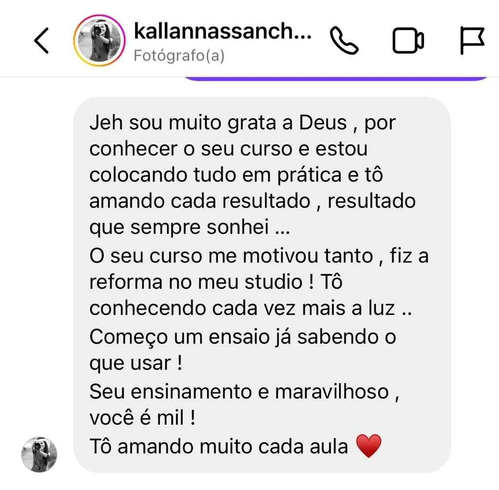 Print do depoimento da fotógrafa Kallanna no Instagram contando que reformou o estúdio depois do curso