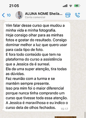 Print do depoimento da aluna Sheila no WhatsApp elogiando o curso e o suporte da Jessica