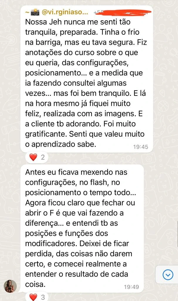 Print do depoimento de Virgínia no WhatsApp contando como o curso a tornou mais segura nos ensaios