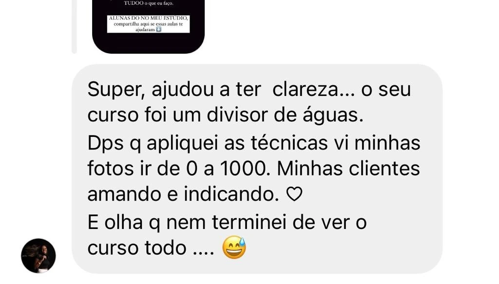 Print do depoimento de aluna no Instagram dizendo que o curso foi um divisor de águas